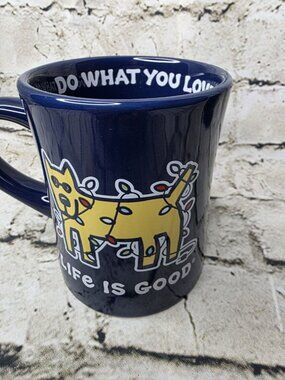 Life Is Good Mug Christmas Dog Dark Blue Yellow Do What You Love 14 Fl. Oz